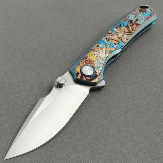 Vorixn "Halo" Flipper & Thumb Stud Knife Titanium-Engraved Anodized Coloring Handle (3.7"10Cr15CoMo Blade) KB078