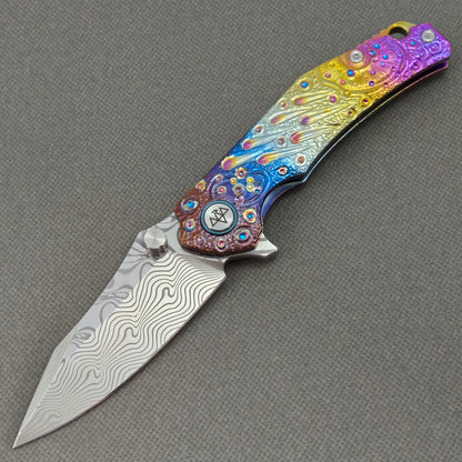 VORIXN "Prism" (3.5" Damascus Blade) Hand-Engraved & Anodized Titanium Handle Flipper & Thumb Stud Folding Knife - KB121