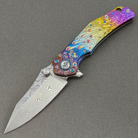 VORIXN "Prism" (3.5" Damascus Blade) Hand-Engraved & Anodized Titanium Handle Flipper & Thumb Stud Folding Knife - KB121
