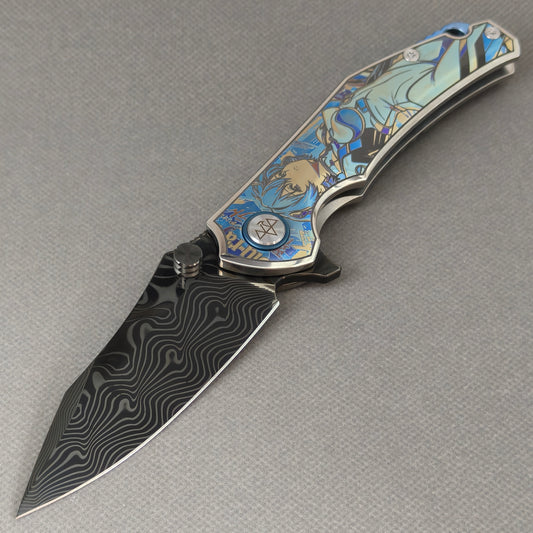 VORIXN "Reverie" (3.5" Damascus DLC-Coated Blade) Engraved Titanium Handle Flipper & Thumb Stud Folding Knife - KB116