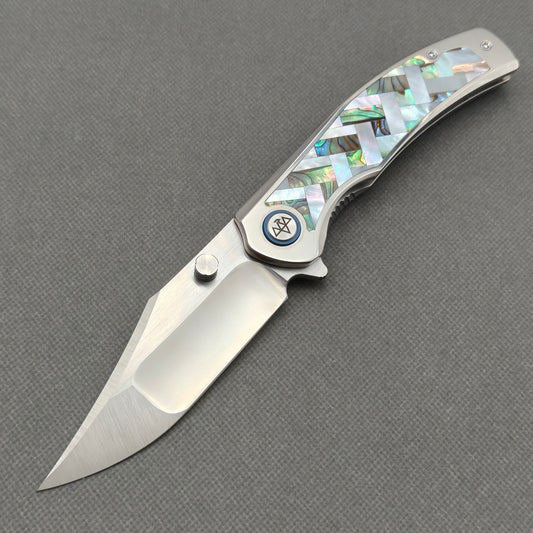 VORIXN "Ocean Mirage" Flipper & Thumb Stud Knife Mother-of-pearl Inlaid Titanium Handle (3.9" M390 Blade) KB066