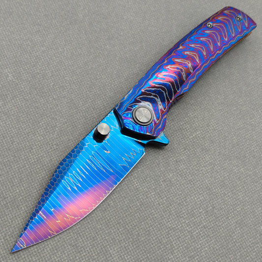 Vorixn "Celestial Current" Flipper & Thumb Stud Knife Hand-Flamed Zirconium Handle (3.8" Damascus Blade) KB099