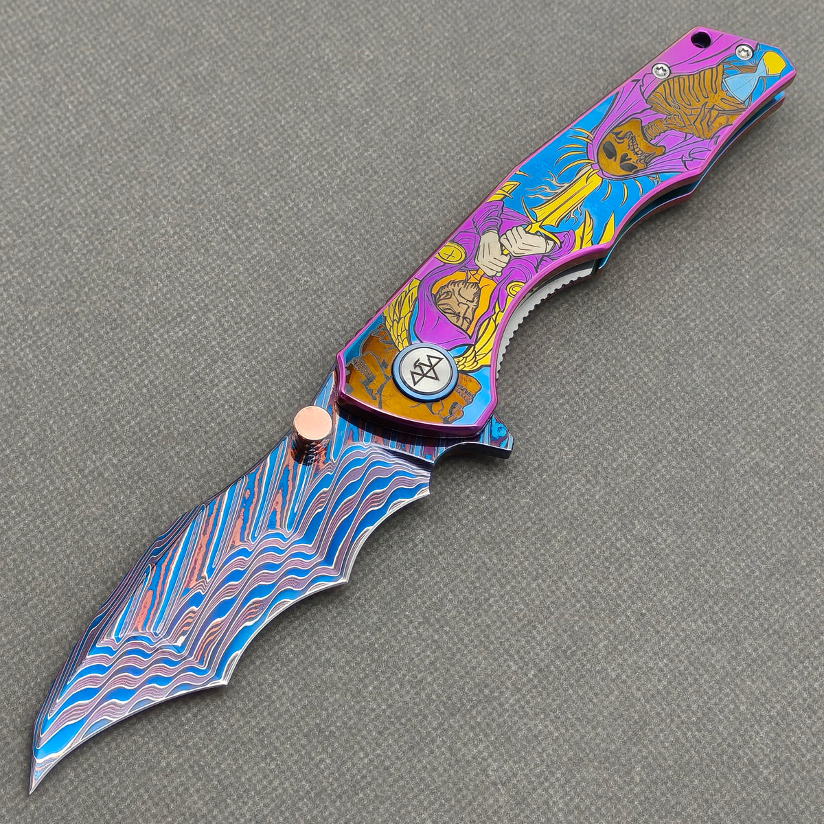 VORIXN "Fableweave" (3.8" Damascus Blade)  Titanium Handle Flipper & Thumb Stud Folding Knife - KB150