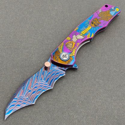 VORIXN "Fableweave" (3.8" Damascus Blade)  Titanium Handle Flipper & Thumb Stud Folding Knife - KB150