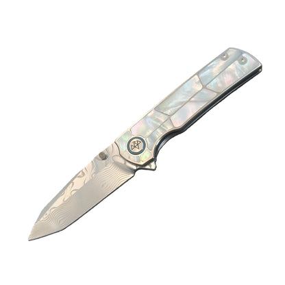 VORIXN "Forest Mirage" Flipper & Thumb Stud Knife White Mother-of-pearl Inlaid Titanium Handle (3.4" Damascus Blade) KB063