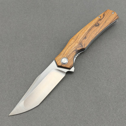 VORIXN KA013 9Cr18 stonewashed blade folding knife open non-clip side view with golden sandalwood handle and overall profile.