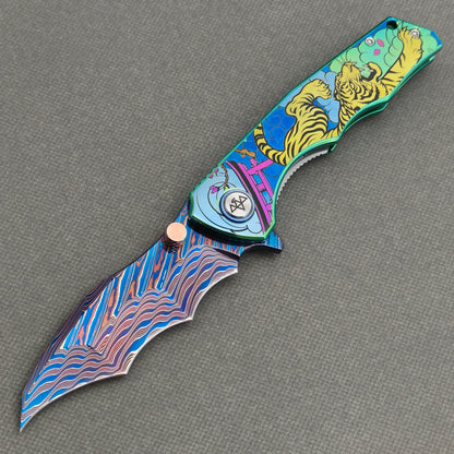 VORIXN "Tigerflow" (3.8" Damascus Blade)  Titanium Handle Flipper & Thumb Stud Folding Knife - KB149