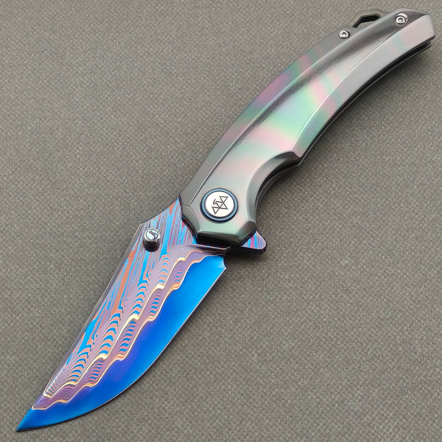 VORIXN "Embercrest" (3.7" Damascus Blade)  Zirconium Handle Flipper & Thumb Stud Folding Knife - KB136