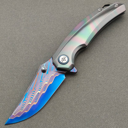VORIXN "Embercrest" (3.7" Damascus Blade)  Zirconium Handle Flipper & Thumb Stud Folding Knife - KB136