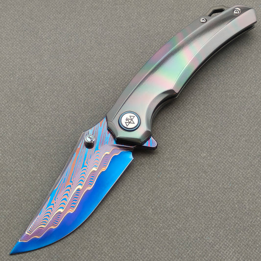 VORIXN "Embercrest" (3.7" Damascus Blade)  Zirconium Handle Flipper & Thumb Stud Folding Knife - KB136