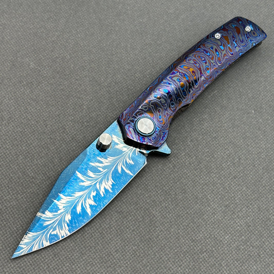 Vorixn "Aurora Plume" Flipper & Thumb Stud Knife Hand-Flamed Zirconium Handle (3.8" Damascus Blade) KB081