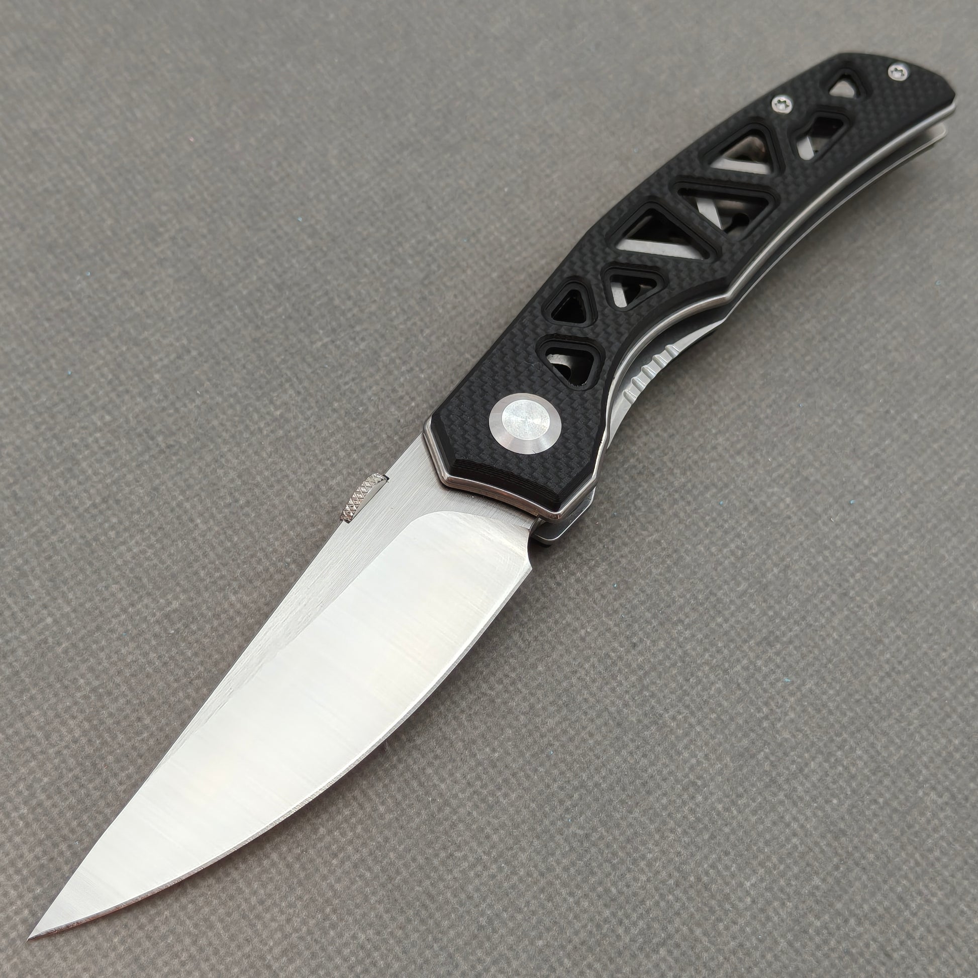 VORIXN KA003 9Cr13 stainless steel and black G10 folding knife open non-clip side view with blade, handle, and overall profile.