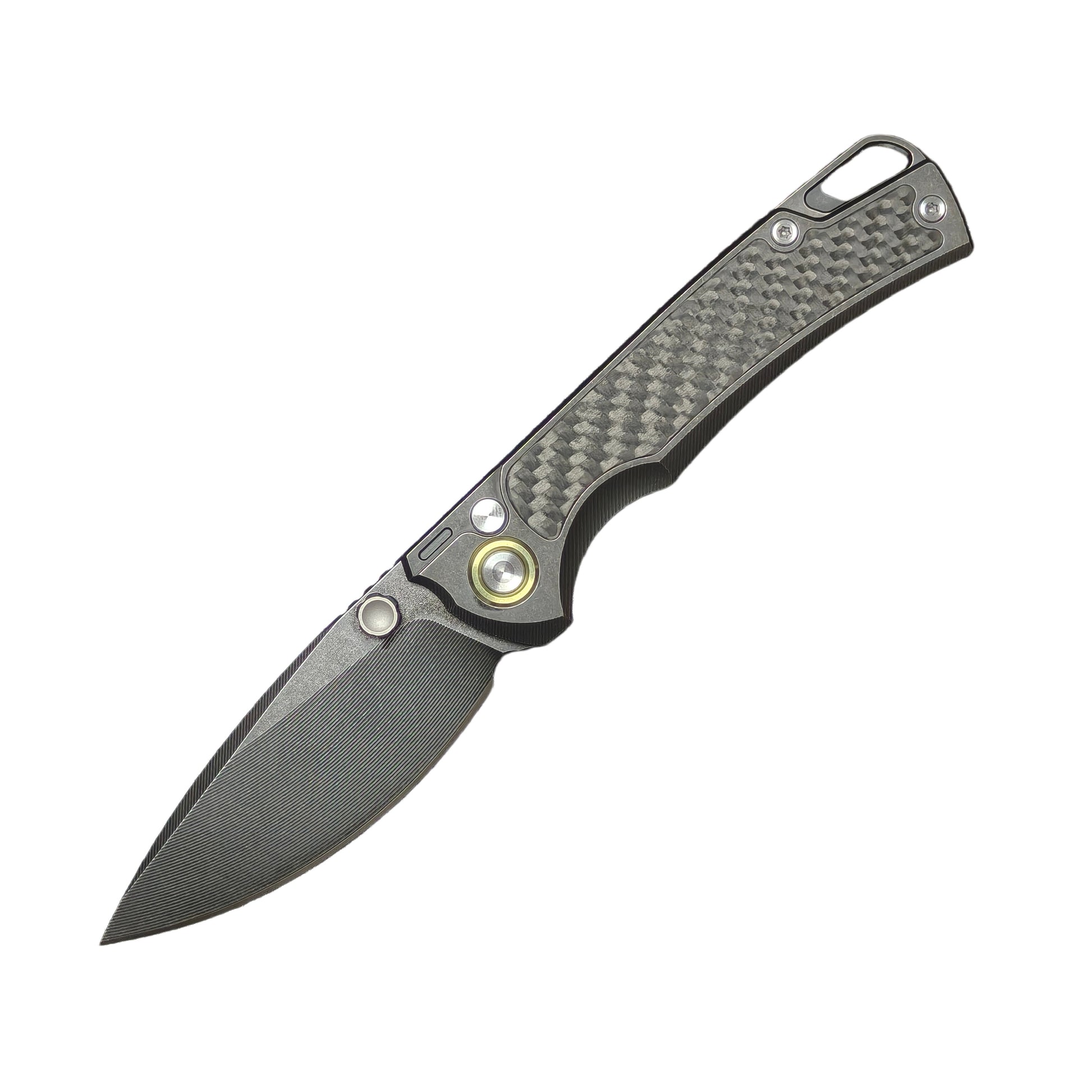 1. VORIXN KB077 folding knife open non-clip side with blade angled 45 degrees downward showing CNC milled texture and black PVD coating