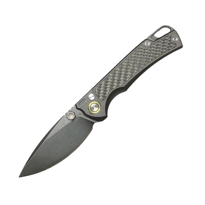 1. VORIXN KB077 folding knife open non-clip side with blade angled 45 degrees downward showing CNC milled texture and black PVD coating