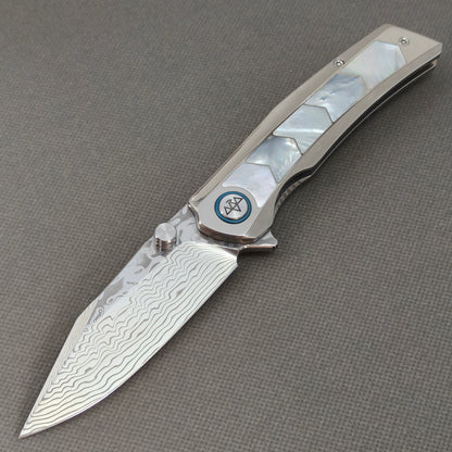 VORIXN "Ocean Mirage" Flipper & Thumb Stud Knife White Mother-of-Pearl Inlay Titanium Handle (3.7" Damascus Blade) KB109