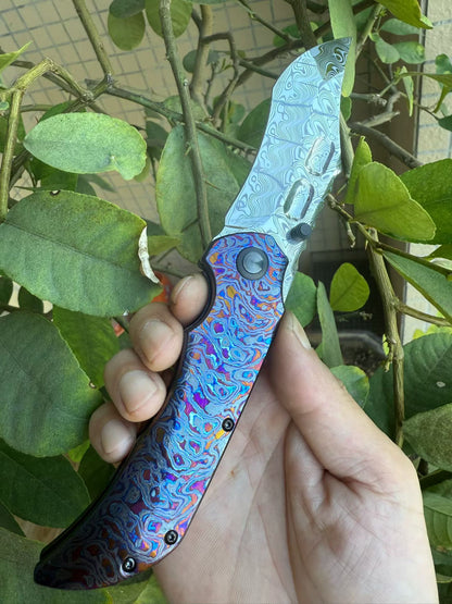 Flipper & Thumb Stud Knife Flamed-Zirconium Handle (  RWL34 &amp; PMC27 PM Stainless Damascus  Blade) CS010