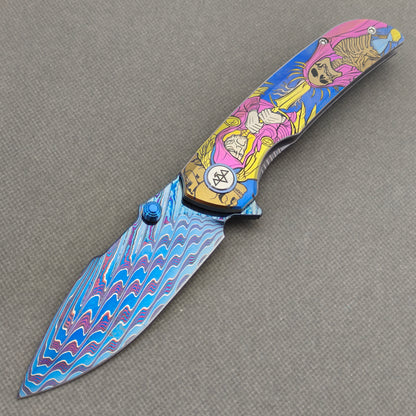 VORIXN Echoshroud KB156 Folding Knife – open non-clip side view showing titanium handle and Damascus blade profile.