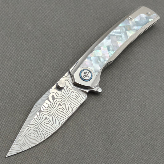 VORIXN "Ocean Mirage" Flipper & Thumb Stud Knife White Mother-of-pearl Inlaid Titanium Handle (3.8" Damascus Blade) KB084