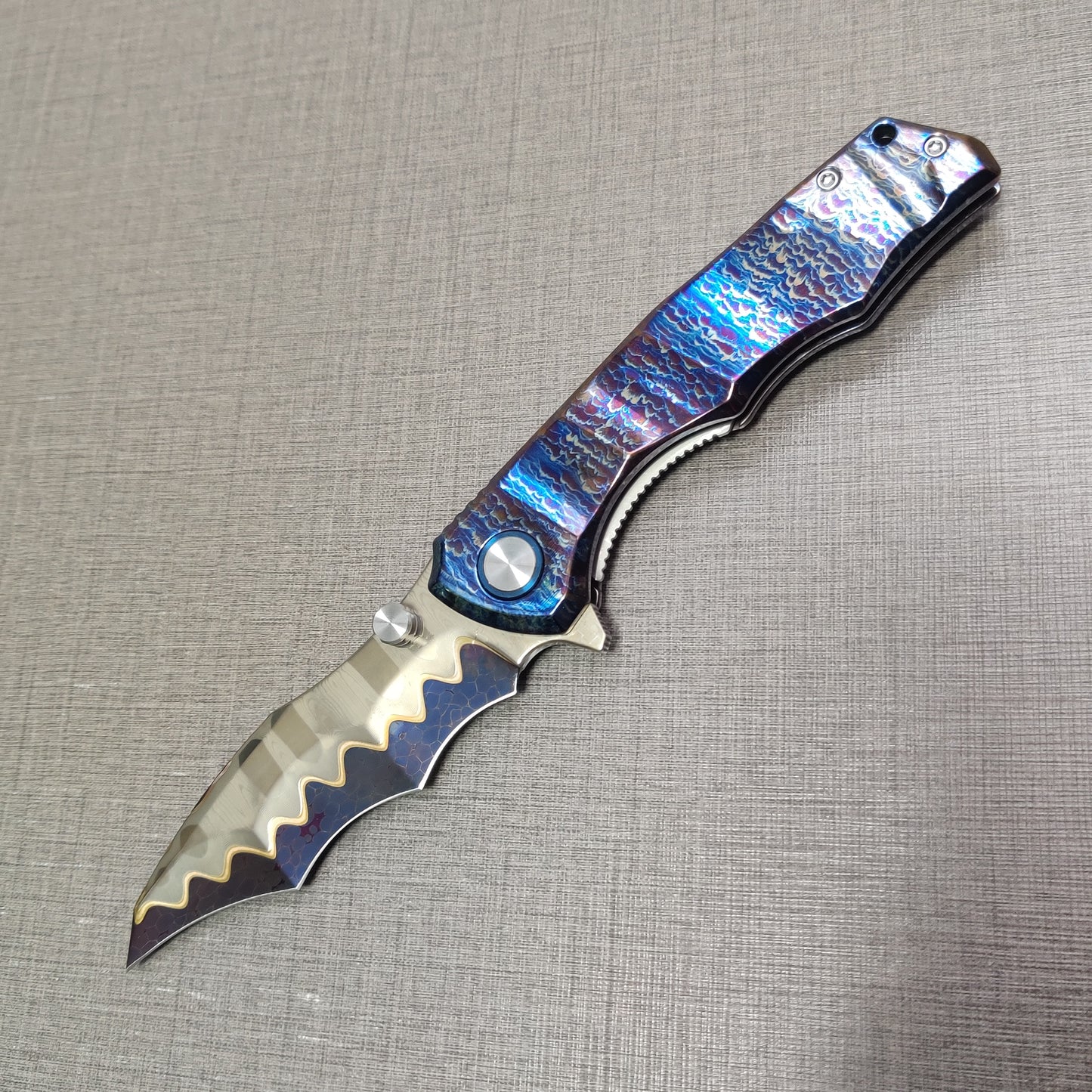 VORIXN "Drakescale" Flipper & Thumb Stud Knife Titanium Hand-Flamed Handle (3.6" Damascus Blade) KB057 / KB058