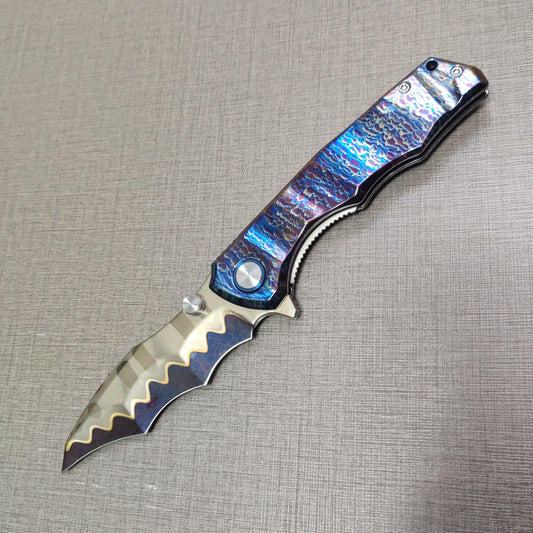 VORIXN "Drakescale" Flipper & Thumb Stud Knife Titanium Hand-Flamed Handle (3.6" Damascus Blade) KB057 / KB058
