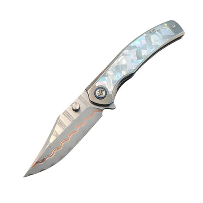 VORIXN "Ocean Mirage" Flipper & Thumb Stud Knife White Mother-of-pearl Inlaid Titanium Handle (3.9"  Cu-Mai  Blade) KB068