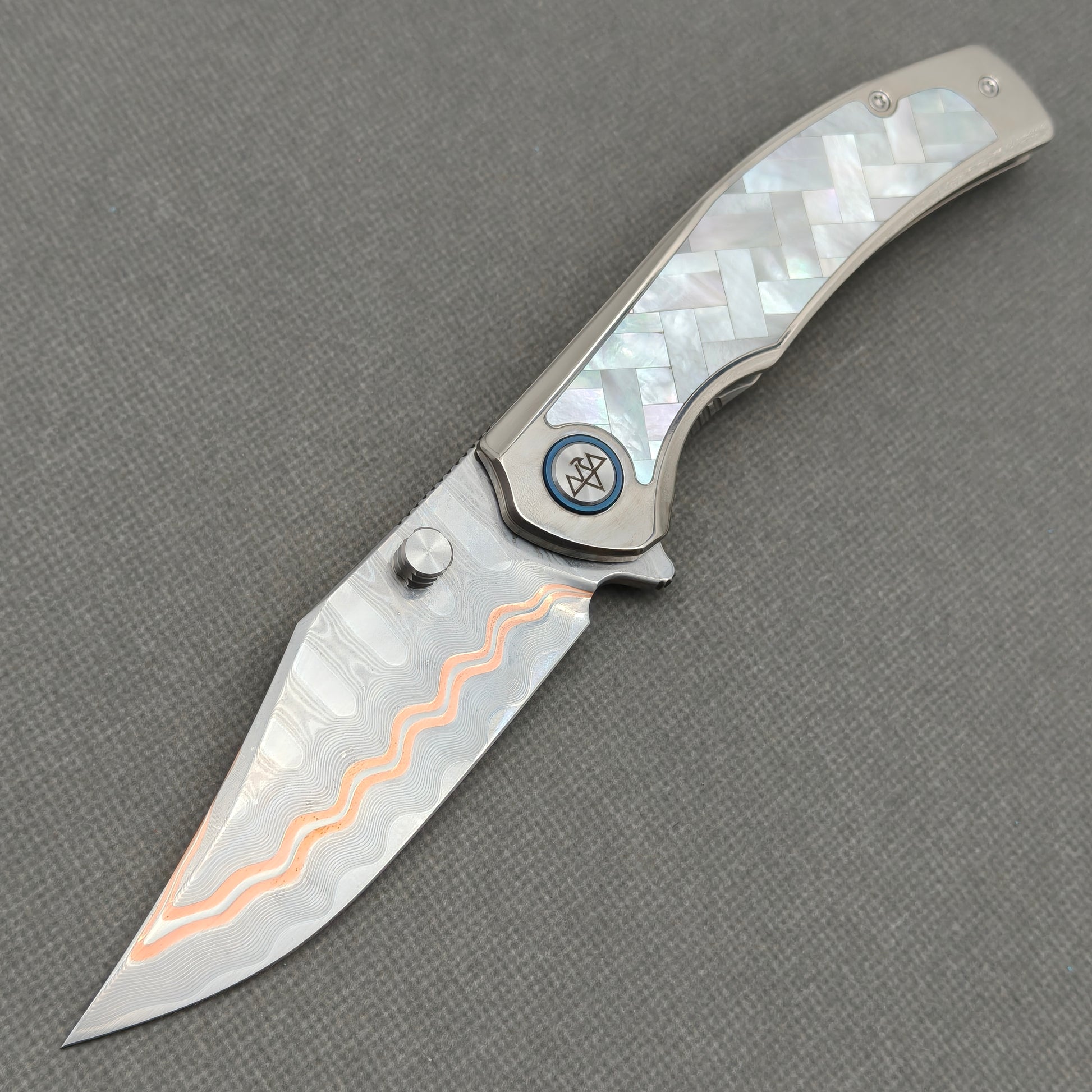 VORIXN KB068 Ocean Mirage Cu-Mai folding knife open non-clip side view with white mother-of-pearl inlaid titanium handle and overall profile.