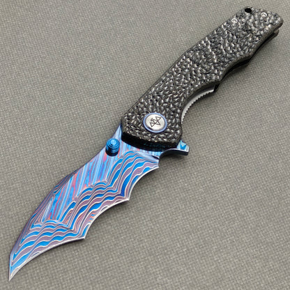 VORIXN "Cragline" (3.8" Damascus Blade)  Titanium Handle Flipper & Thumb Stud Folding Knife - KB151