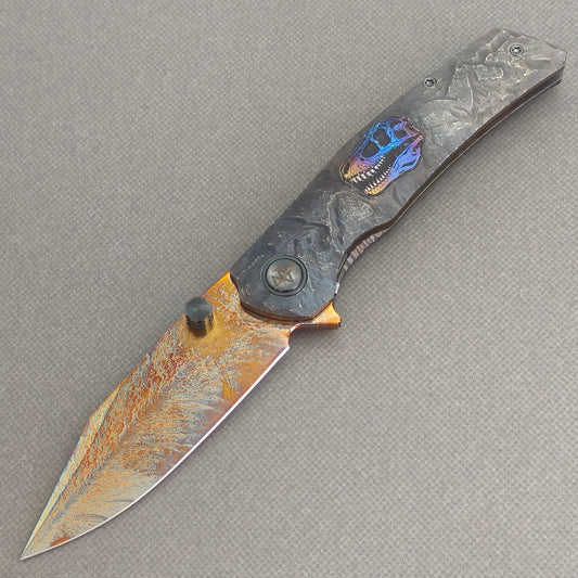 VORIXN "Skull Ember" (3.8" M390 Blade) Hand-Engraved & Anodized Titanium Handle Flipper & Thumb Stud Folding Knife - KB122