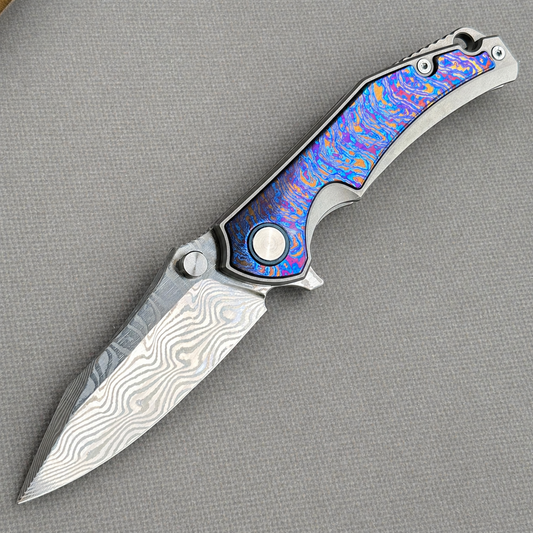Vorixn "Abyssal" Flipper & Thumb Stud Knife Titanium Flame-Zircuinlay Handle (3.6" Damascus steel Blade) KB031