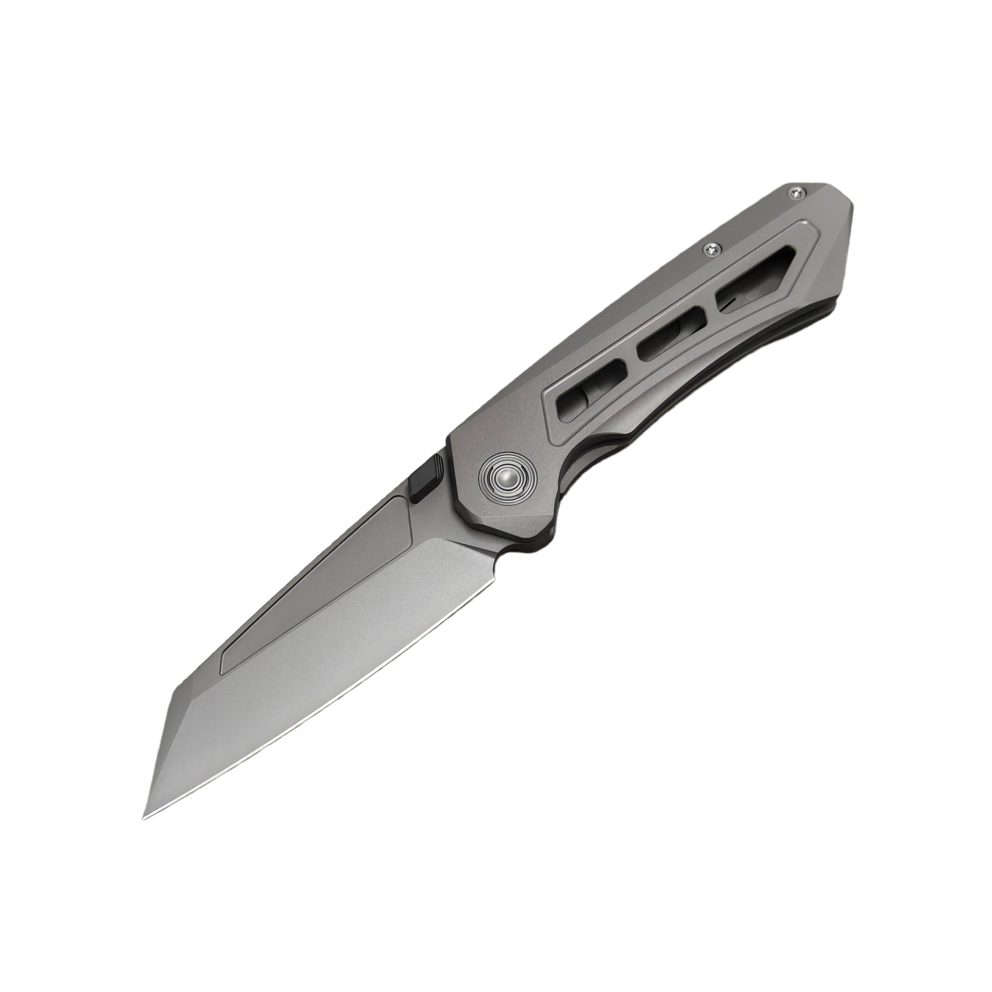VORIXN Aerial KB071 M390 folding knife open, non-clip side, blade angled 45 degrees down left