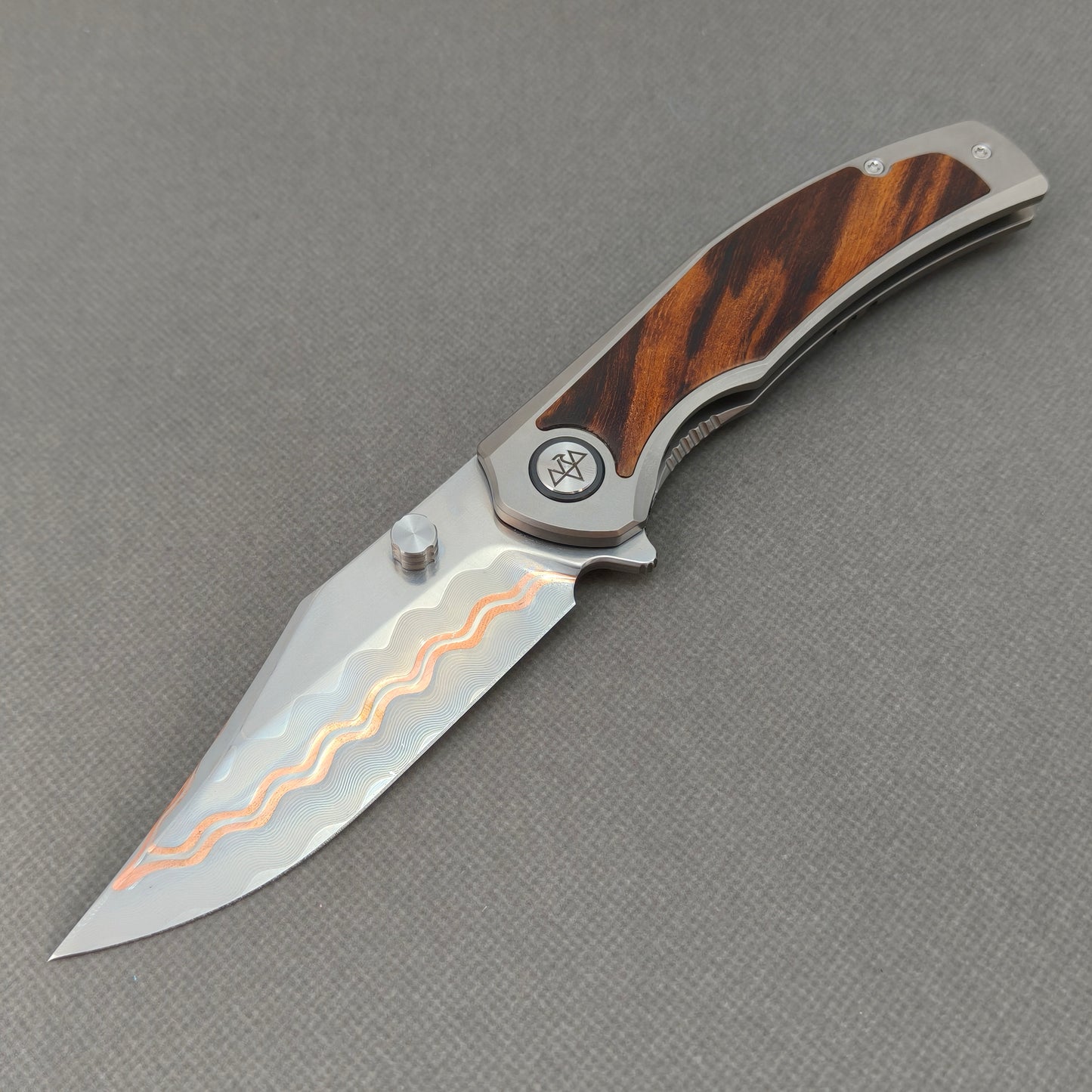 VORIXN KB074 Ironwood Crest Cu-Mai folding knife open non-clip side view with titanium and desert ironwood handle and overall profile.