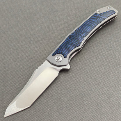 VORIXN Carbon Crest KB003 Folding Knife – open non-clip side view showing Titanium & G10 handle and 10Cr15CoMoV blade profile