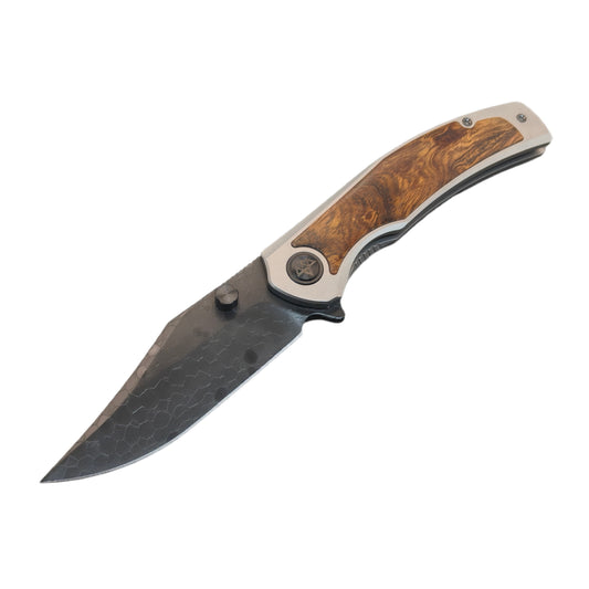 VORIXN Ironwood Crest DLC Dragon Pattern Damascus folding knife open view non clip side titanium and desert ironwood handle blade angled 45 degrees