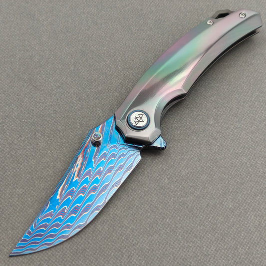 VORIXN "Spectraveil" (3.7" Damascus Blade)  Zirconium Handle Flipper & Thumb Stud Folding Knife - KB133