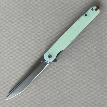 VORIXN KM004 D2 carbon fiber folding knife open non-clip side view with stonewashed blade, handle, and overall profile.