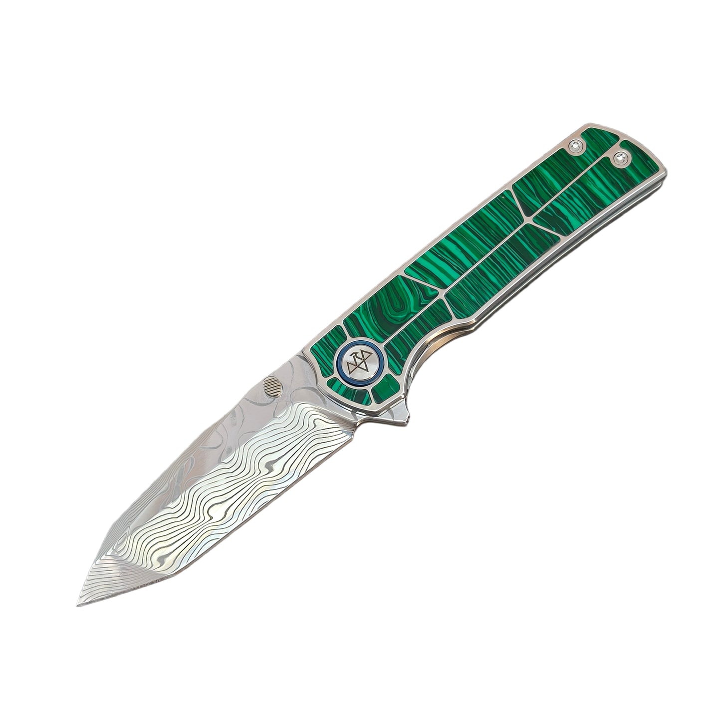 VORIXN "Forest Mirage" Flipper & Thumb Stud Knife Malachite Inlaid Titanium Handle (3.4" Damascus Blade) KB062
