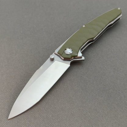 VORIXN KA007 9Cr13 stainless steel and forest green G10 folding knife open non-clip side view with blade, handle, and overall profile.