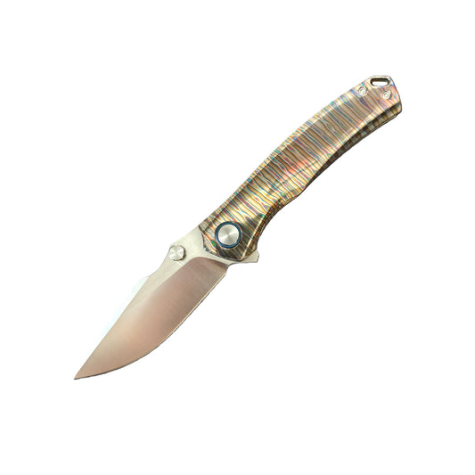 VORIXN Verdant titanium folding knife open, non-clip side, blade angled 45 degrees downward