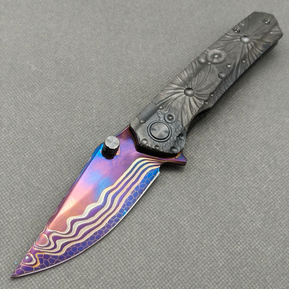 Vorixn "Impact Origin" Flipper & Thumb Stud Knife DLC-Coated Titanium-Engraved Anodized Handle (3.6" Damascus steel Blade) KB094