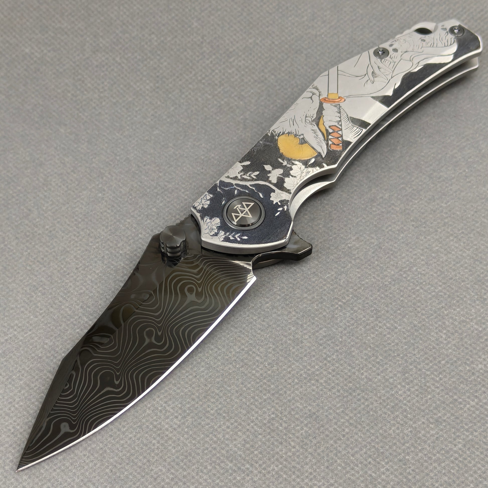 VORIXN Yokai KB106 Folding Knife – open non-clip side view showing Laser-Engraved Copper Accents Titanium handle and Damascus blade profile