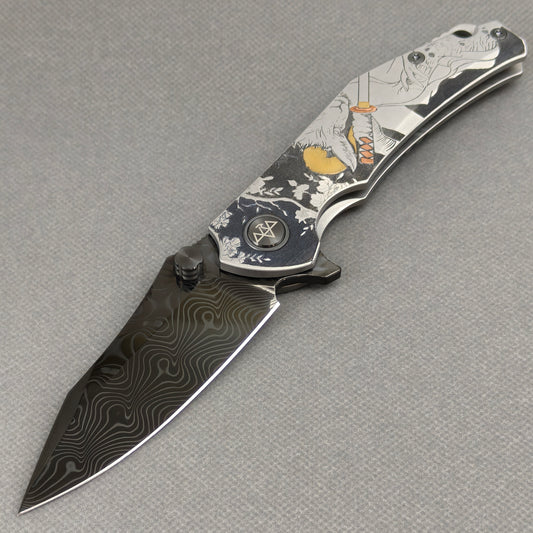 Vorixn "Yokai" Flipper & Thumb Stud Knife Laser-Engraved & Hand-Inlaid Copper Accents Titanium Handle (3.4" Damascus Blade) KB106