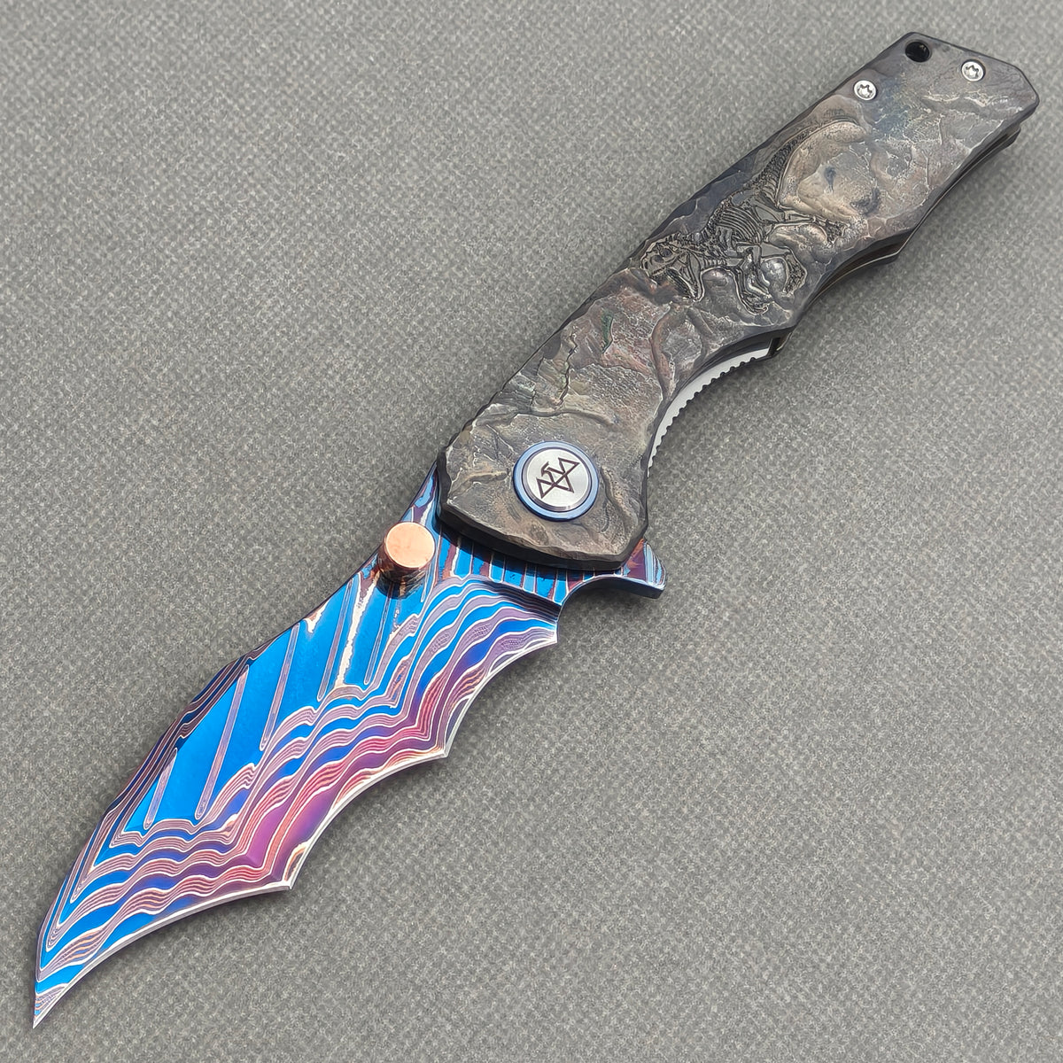 VORIXN "Fossilshade" (3.8" Damascus Blade)  Titanium Handle Flipper & Thumb Stud Folding Knife - KB153