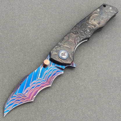VORIXN "Fossilshade" (3.8" Damascus Blade)  Titanium Handle Flipper & Thumb Stud Folding Knife - KB153