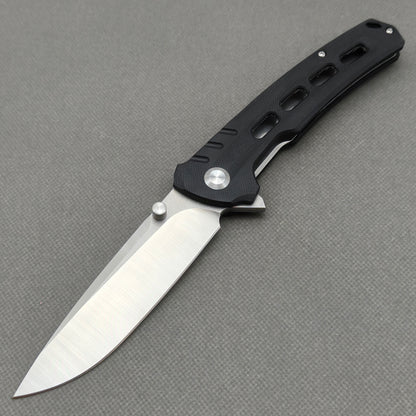 VORIXN KA001 9Cr13 stainless steel and black G10 folding knife open non-clip side view with blade, handle, and overall profile.