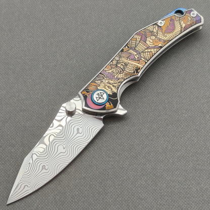 VORIXN "Mythos" (3.5" Damascus Blade) Engraved Titanium Handle Flipper & Thumb Stud Folding Knife - KB124