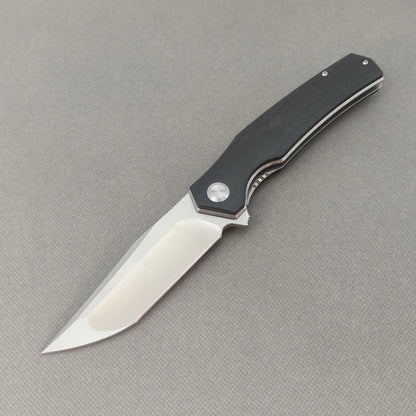 VORIXN KA006 9Cr13 stainless steel and black G10 folding knife open non-clip side view with blade, handle, and overall profile.