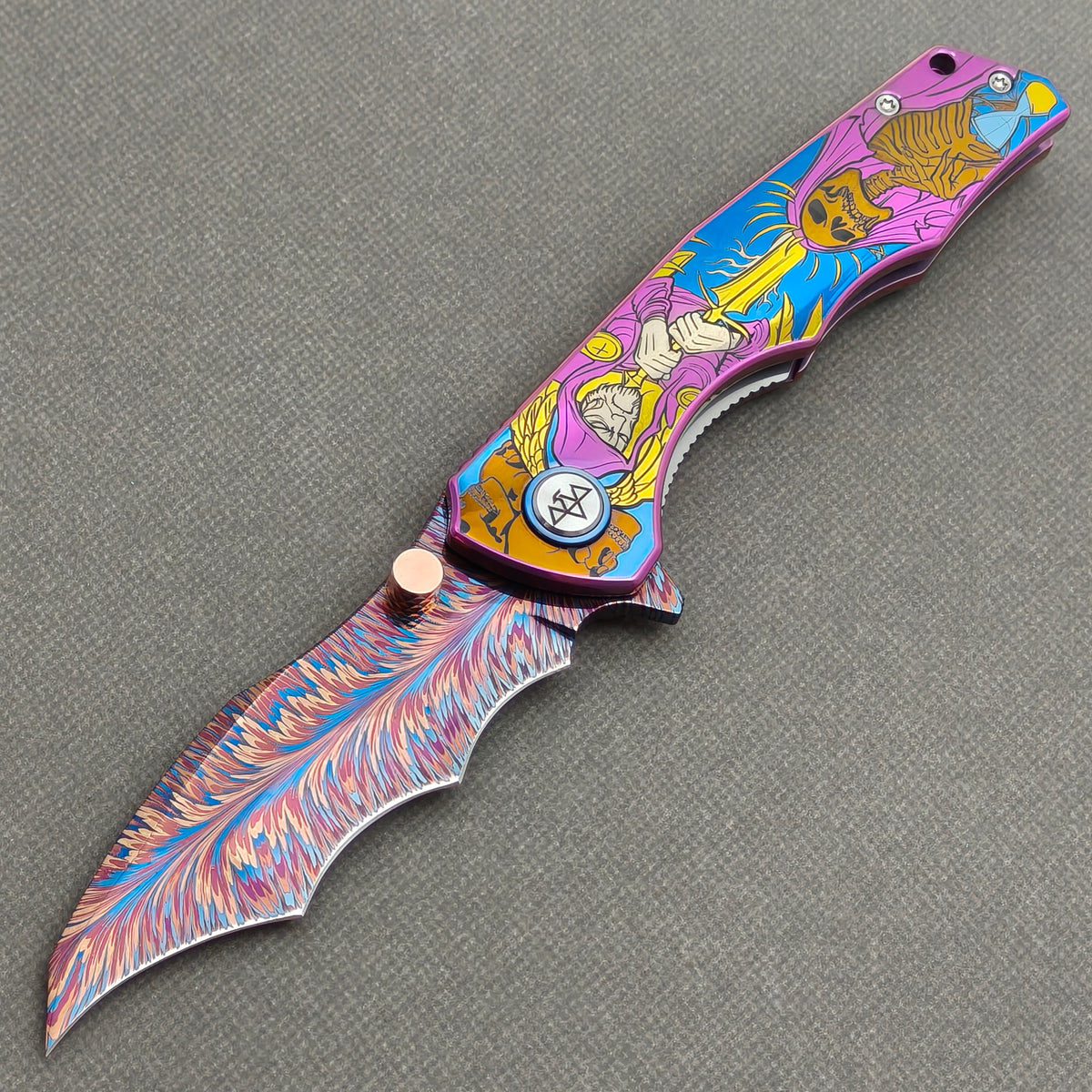 VORIXN "Duskborne" (3.8" Damascus Blade)  Titanium Handle Flipper & Thumb Stud Folding Knife - KB145