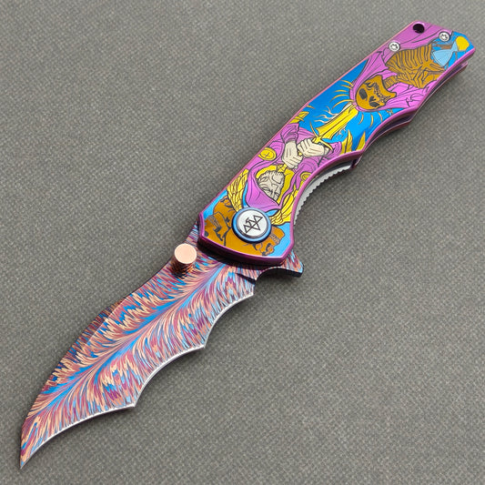 VORIXN "Duskborne" (3.8" Damascus Blade)  Titanium Handle Flipper & Thumb Stud Folding Knife - KB145