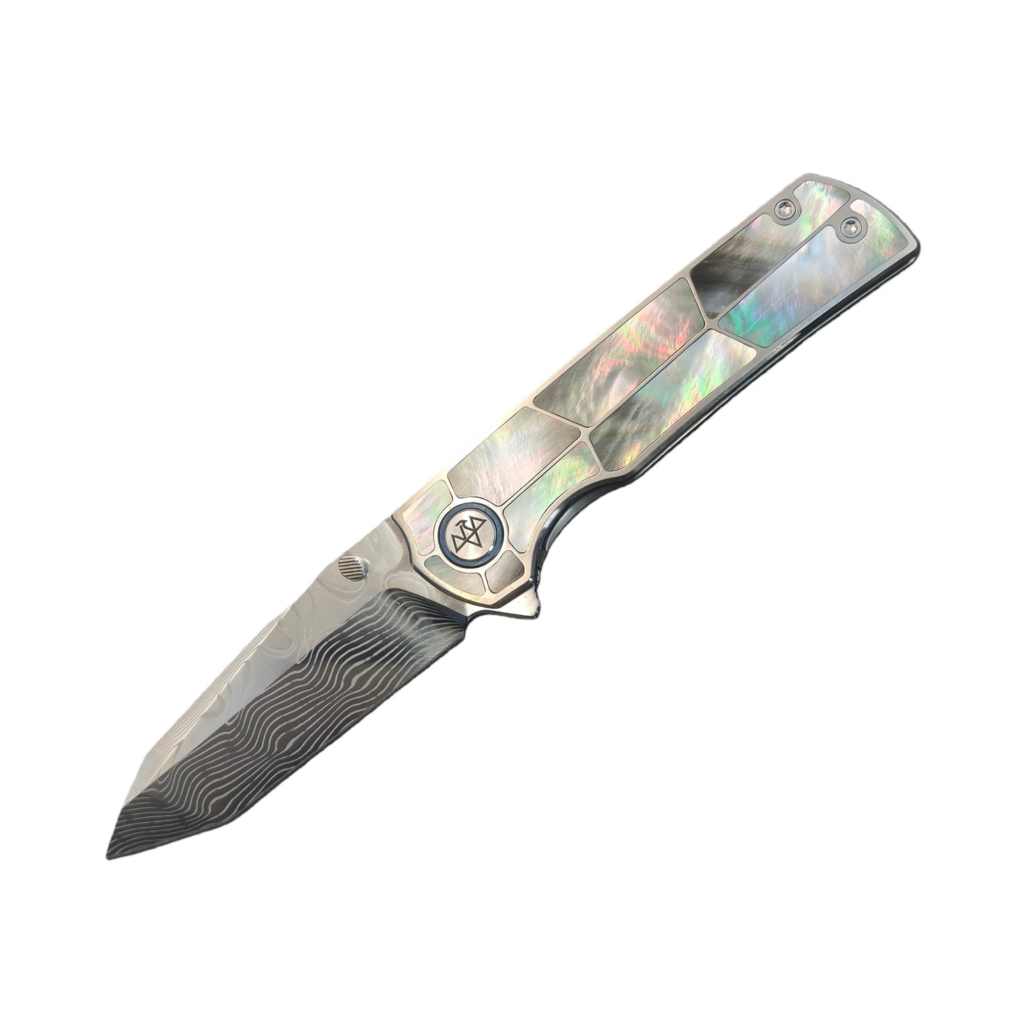 VORIXN "Forest Mirage" Flipper & Thumb Stud Knife Black Mother-of-pearl Inlaid Titanium Handle (3.4" Damascus Blade) KB059