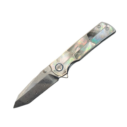 VORIXN "Forest Mirage" Flipper & Thumb Stud Knife Black Mother-of-pearl Inlaid Titanium Handle (3.4" Damascus Blade) KB059